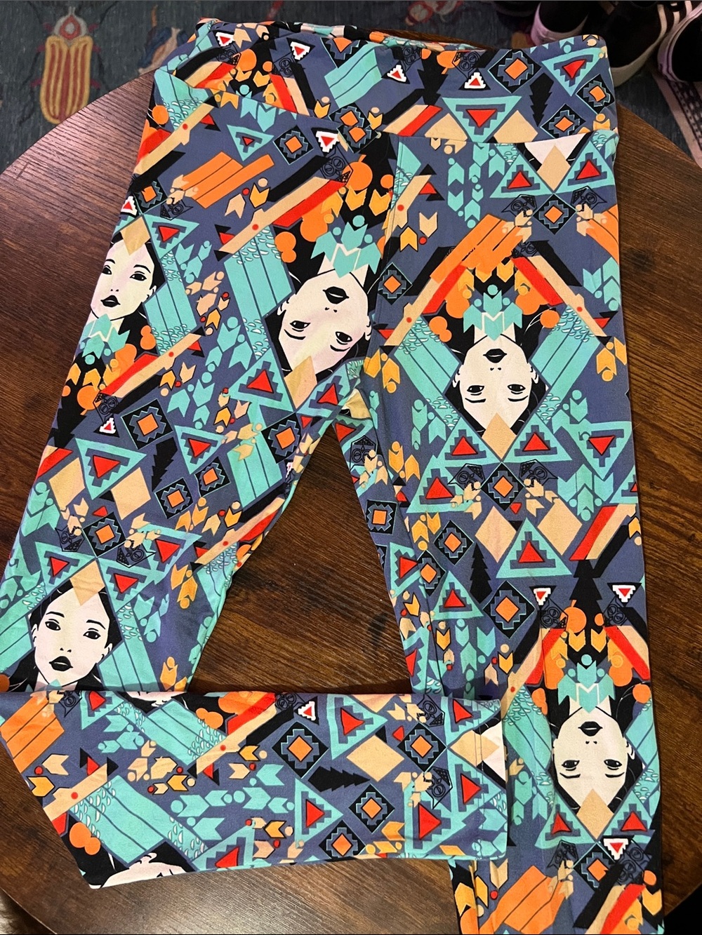 Disney Luluroe Pocahontas Geometric Face Print Leggings - Turquoise & Orange